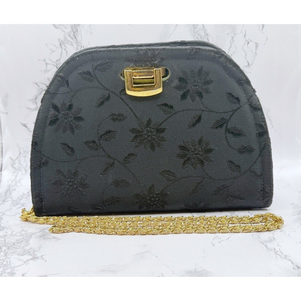 Frenchy of California Black Floral Embroidered Clutch Gold Chain Strap 23" drop